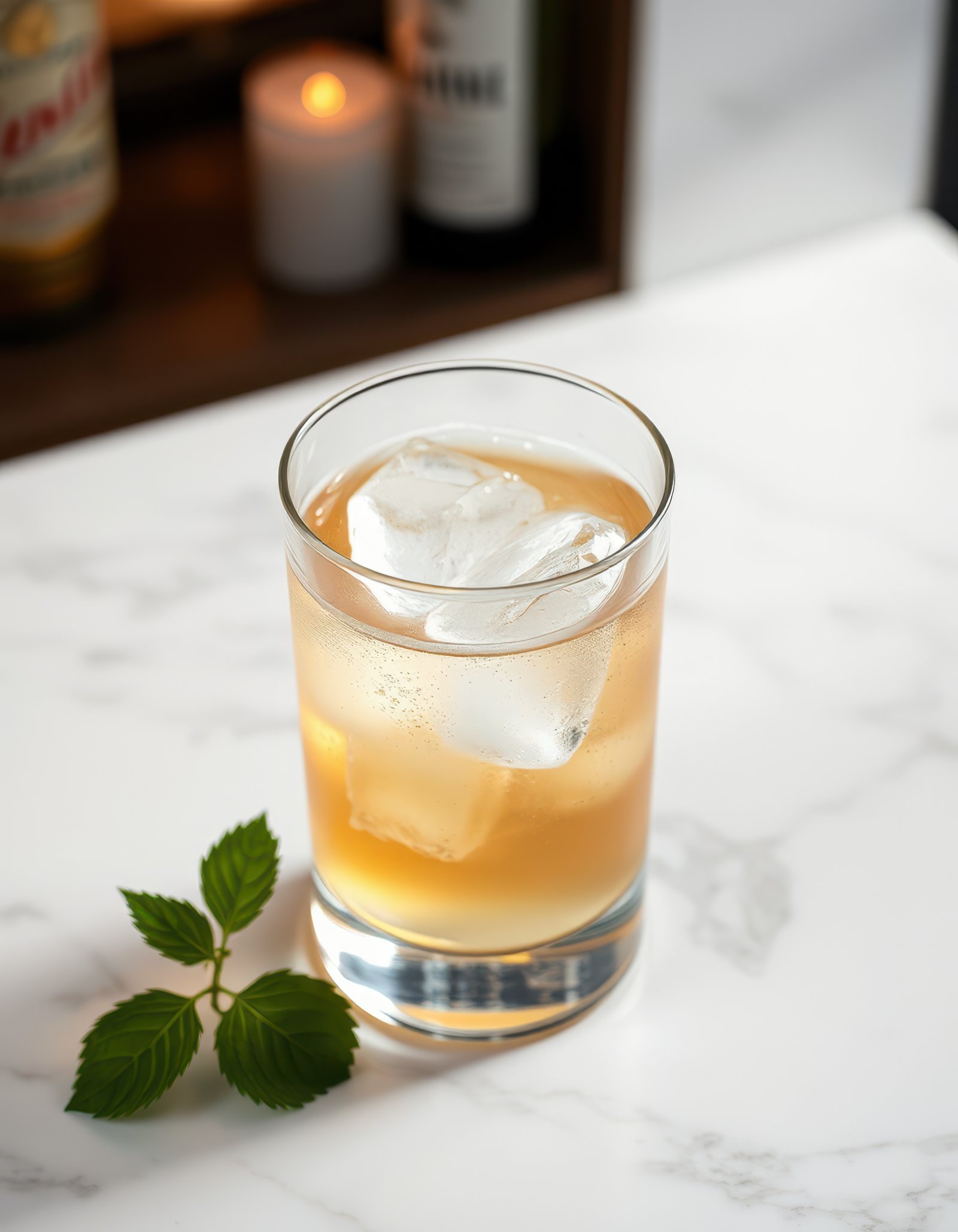 Refreshing beverage served in a clear glass on a marble table with a sprig of mint accompanying it